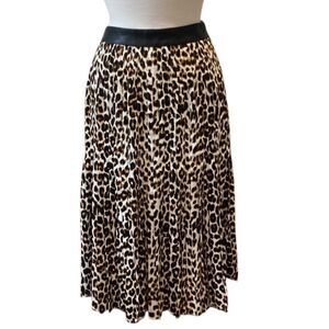 Express Leopard Pleated Midi Skirt Faux Leather Waist Size 6